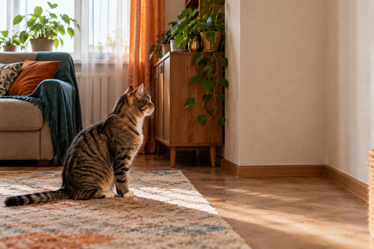 Кошка всматривается в тихий угол
