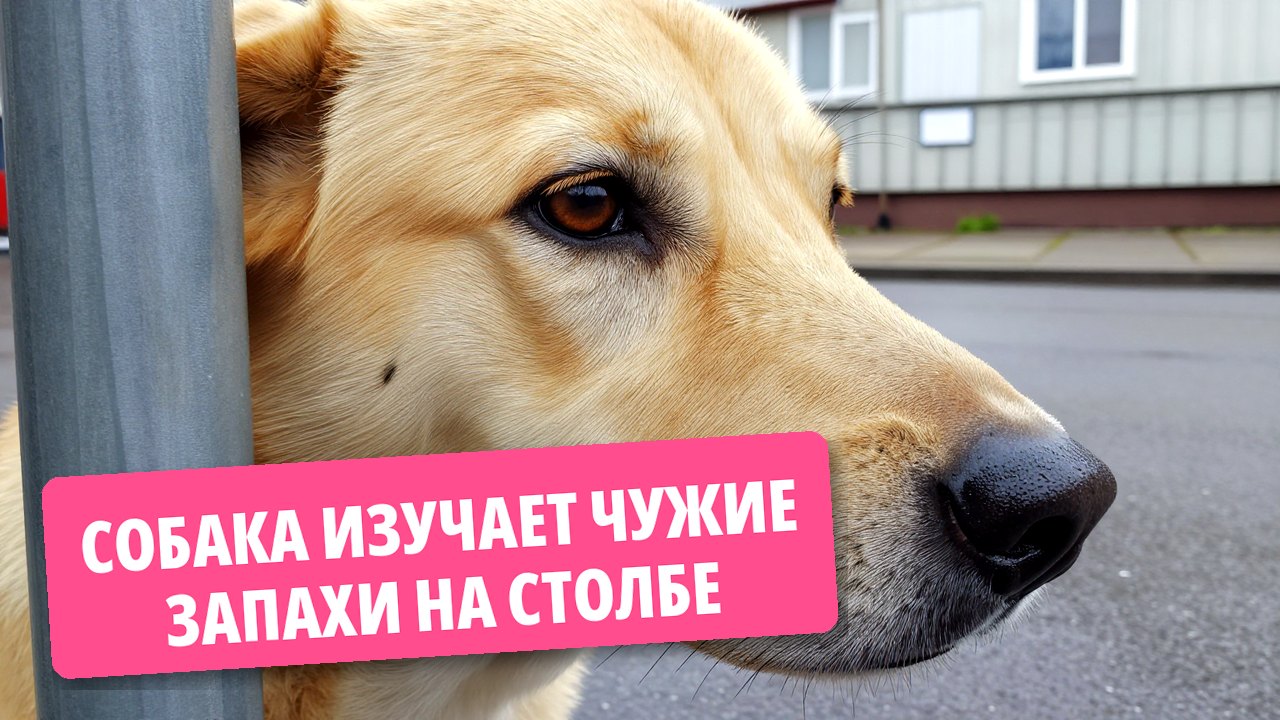 Собака изучает чужие запахи на столбе